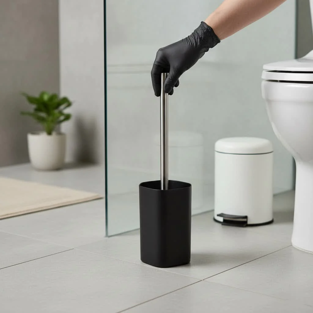 Elegant gold toilet brush and holder in a modern bathroom