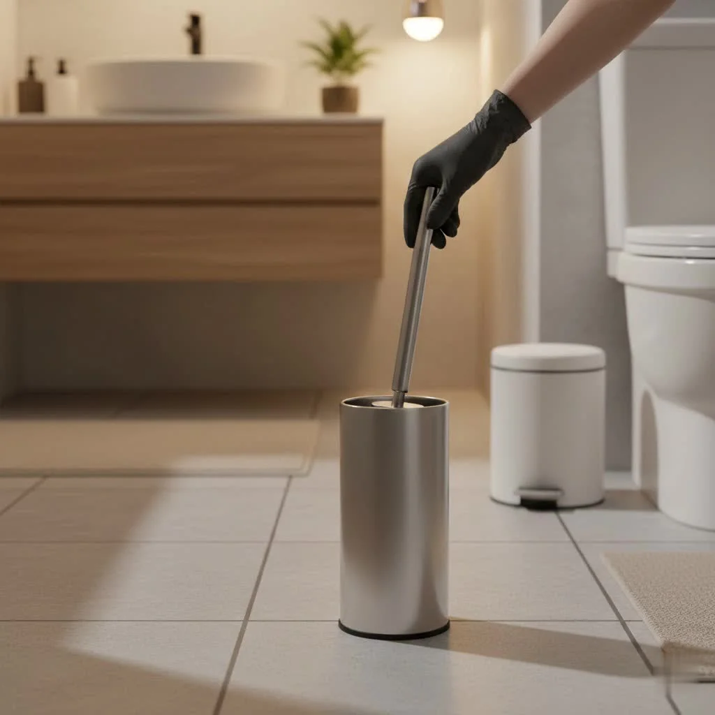 Sleek wall mounted toilet brush in a modern bathroom
